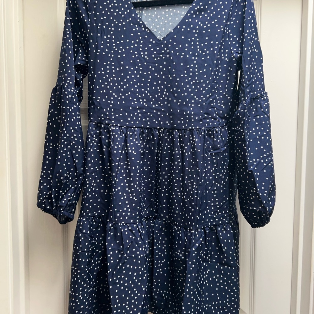 Navy Blue white polka dot midi long sleeve dress
